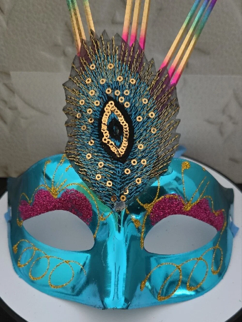 Teal Peacock Feather Carnival Mask with Rainbow Plumes